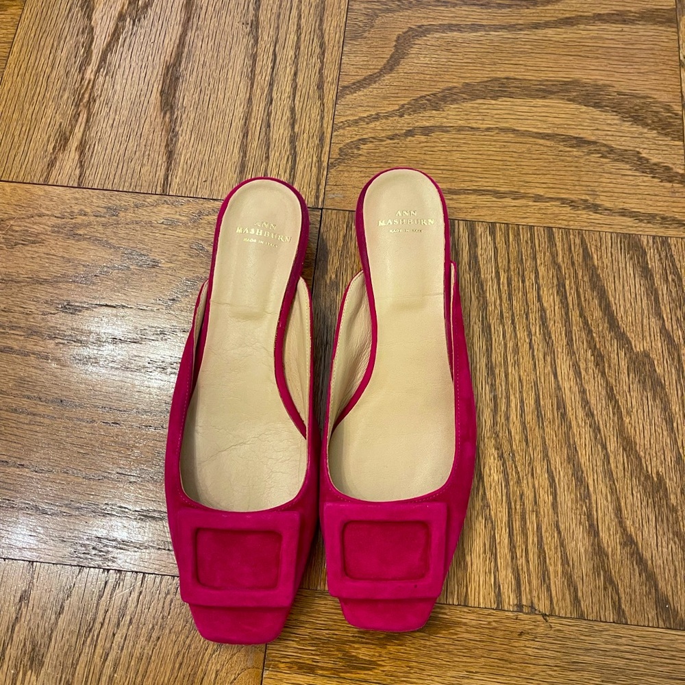 Ann Mashburn Fuschia Pink Suede Leather Mule Slides, women’s size 38.5.